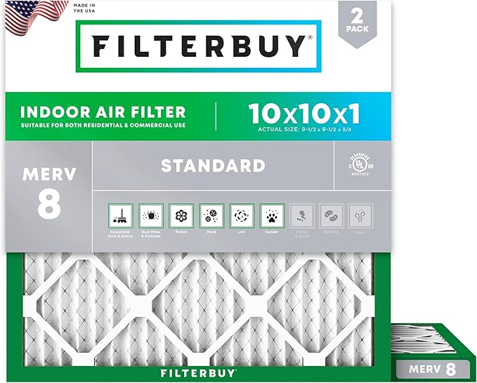 Filterbuy 10x10x1 Air Filter MERV 8 (MPR 700) Dust Defense Replacement (2-Pack), Electrostatic Pleated HVAC AC Furnace Filters, Made in USA (Actual Size: 9.50 x 9.50 x 0.75)