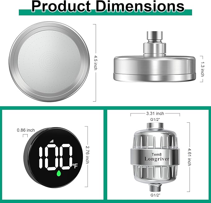 Tem8 Luxury Filtered Shower Head Set with Wireless Temperature Display, Dual Filtration Showerhead Filter, High Put Shower Filter for Hard Water with 3 Replaceable Tem8 Cartridges, Chrome
