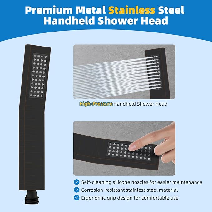 Hibbent All Metal Shower Head, 8'' High Pressure Rainfall Shower Head, Showerhead Combo, Handheld Shower Wand, 12'' Adjustable Curved Extension Arm, 71'' Hose, Shower Head Holder, Oil Rubbed Bronze