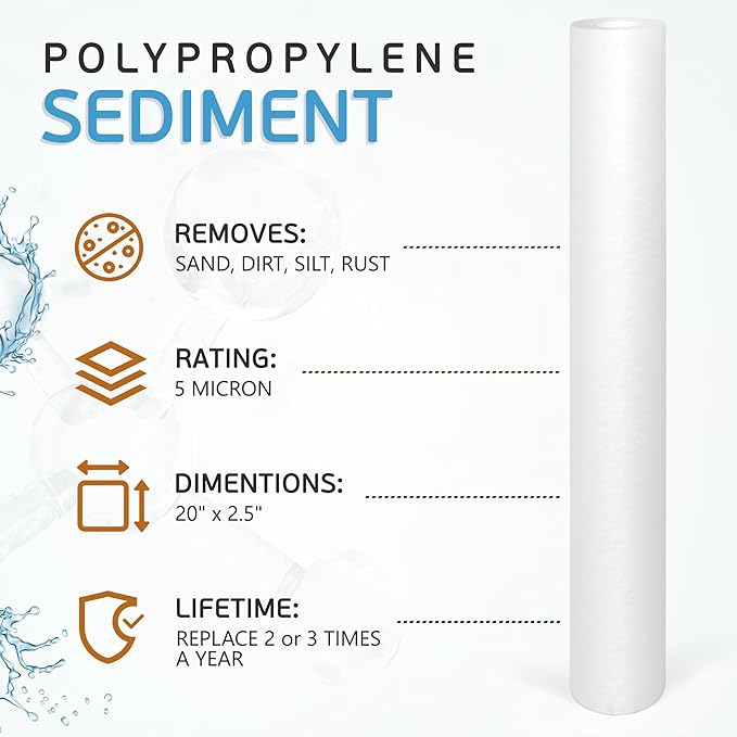 Ronaqua 5 Micron Standard 20" x 2.5" Sediment Water Filter Cartridge, NSF Certified, 4-Layer Filtration for 20” x 2.5” Whole House Systems, Compatible with FPMB5-20, SDC-25-2005/4, VX05-20, 6 Pack