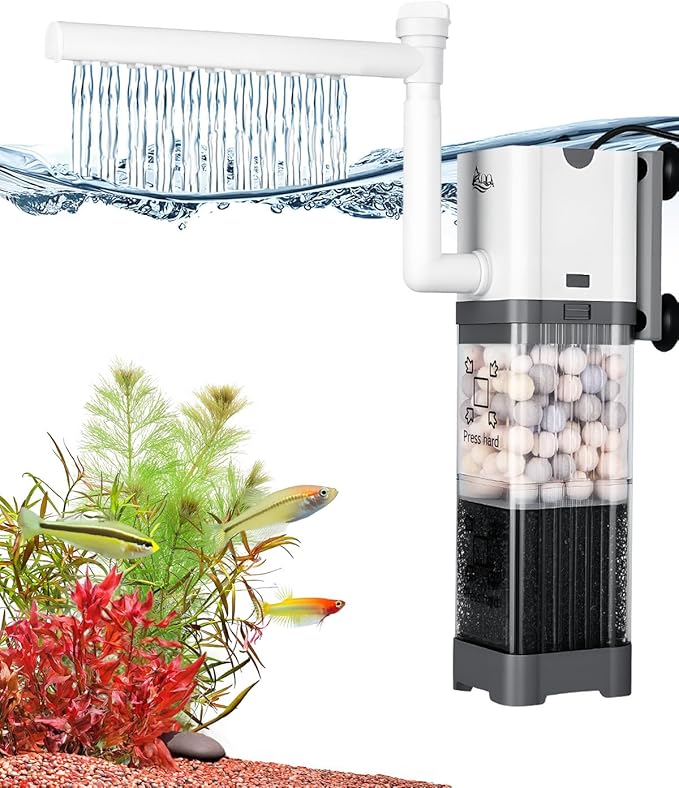 AQQA Aquarium Filter, Power Fish Tank Filter with Rainshower Pipe Adjustable Water Flow, Ultra Silent Biochemical Quartz Balls&Physical Sponge Double Filtration for Fish Tank 20-35 Gallon (6W-145GPH)