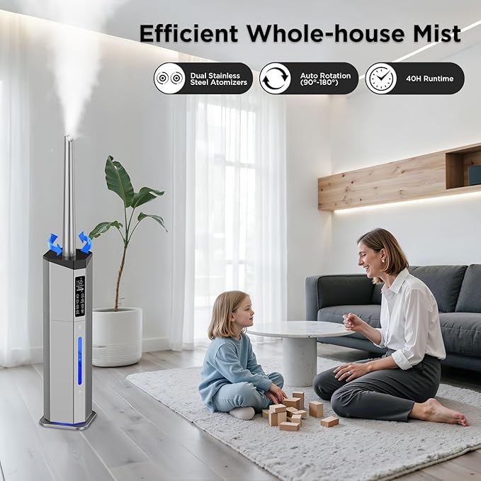 Humidifiers for Bedroom - GloryAir 2.38Gal/9L Dual Atomizers Top Fill Humidifier for Large Room 2000ft² with Auto Rotation 7-Color Light Humidistat Quiet Commercial Humidifiers for House Plants Baby