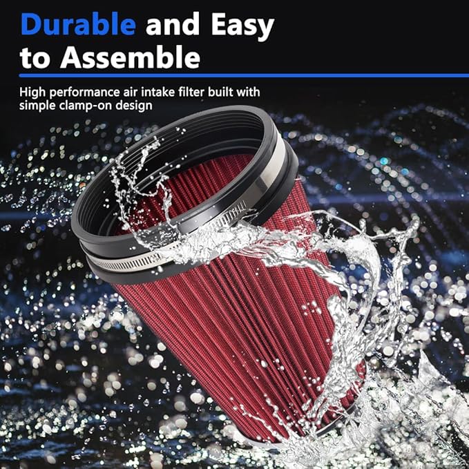 6" Inlet Cold Air Intake Filter Cone Replacement Performance Washable Clamp-On Dry Air Filters Red (8" Tall)