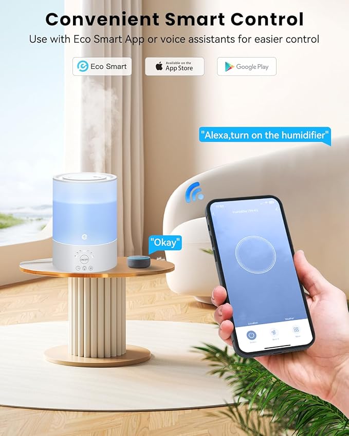Esemoil Smart Humidifiers for Bedroom, 2.5L Top Fill Cool Mist Humidifiers with Essential Oil Diffuser, Humidity Setting, APP & Alexa Voice Control, Nightlight, Timer, Quiet Operation, Auto Shut-Off