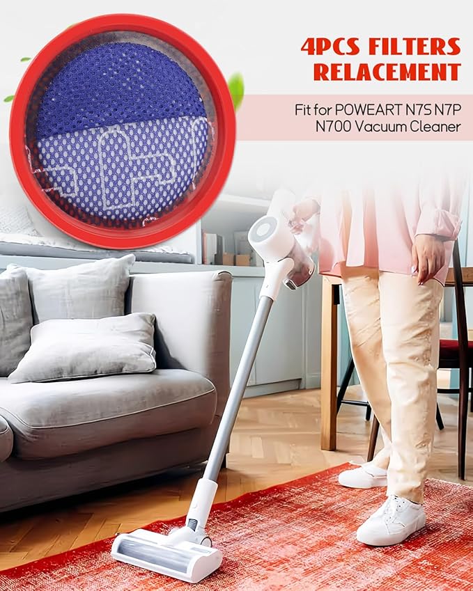 4 Pack Replacement Filters Fit for POWEART N7S N7P N700 Vacuum Cleaner