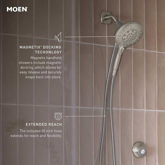 Moen Engage Chrome Magnetix Six-Function 5.5-Inch Wide Handheld Shower Head with Hose and Magnetic Docking System, 26112