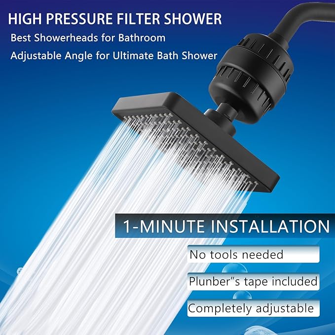 High Pressure Filtered Shower Head Set, 6’’ Rain Shower Filter for Hard Water, Universal Square Showerhead 20 Stage Filtration Removes Impurities for Rejuvenated Skin by Eolax, Matte Black