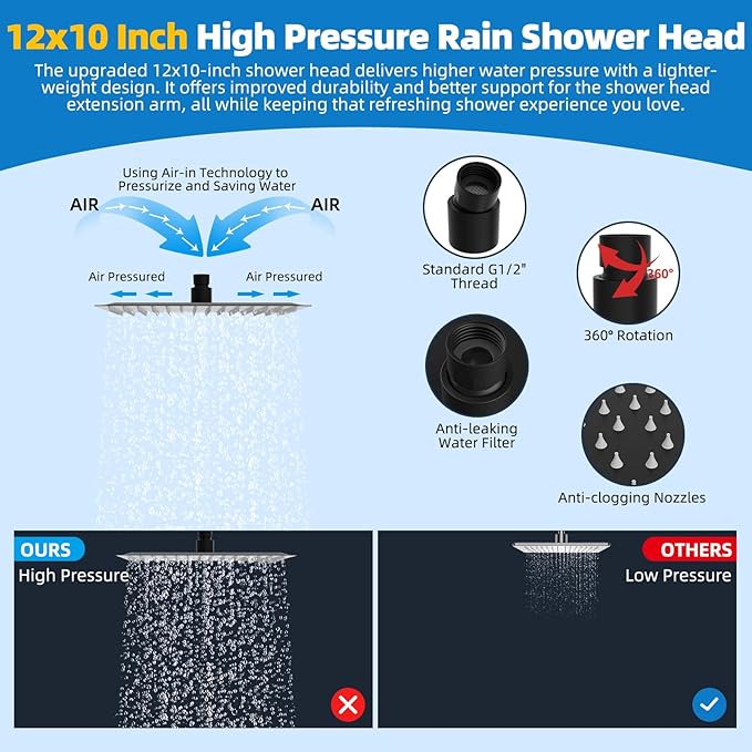 Hibbent All Metal Shower Head, 12'' High Pressure Rainfall Shower Head, Showerhead Combo, Handheld Shower Wand, 12'' Adjustable Curved Shower Extension Arm, 71'' Hose, Shower Head Holder, Matte Black