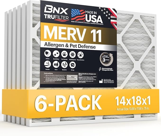 BNX TruFilter 14x18x1 Air Filter MERV 11 (6-Pack) - MADE IN USA - Allergen Defense Electrostatic Pleated Air Conditioner HVAC AC Furnace Filters for Allergies, Dust, Pet, Smoke, Allergy MPR 1200 FPR 7