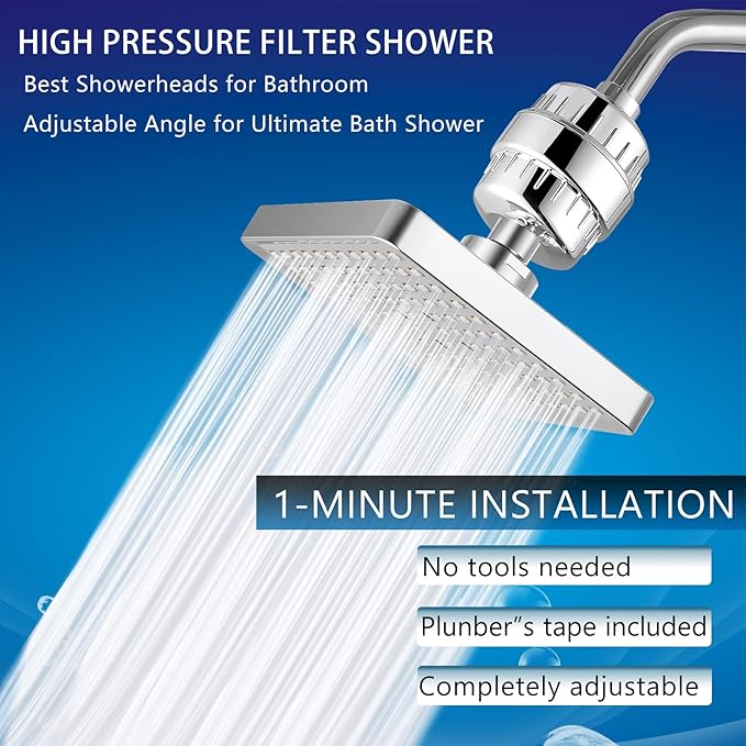 High Pressure Filtered Shower Head Set, 6’’ Rain Shower Filter for Hard Water, Universal Square Showerhead 20 Stage Filtration Removes Impurities for Rejuvenated Skin by Eolax, Chrome