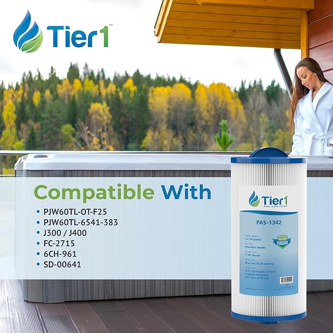 Tier1 Pool & Spa Filter Cartridge 2-pk | Replacement for Jacuzzi J300, J400, 6541-383, Pleatco PJW60TL-OT-F2S, Filbur FC-2715, Unicel 6CH-961, and More | 60 sq ft Pleated Fabric Filter Media
