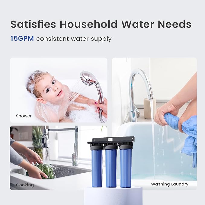 Waterdrop 3-Stage Whole House Water Filter System,with Carbon Filter&Sediment Filter,7-Stage Filtration Highly Reduce Lead,Chlorine,Odor and Taste,5 Micron WHF3T-PG,1" Inlet/Outlet