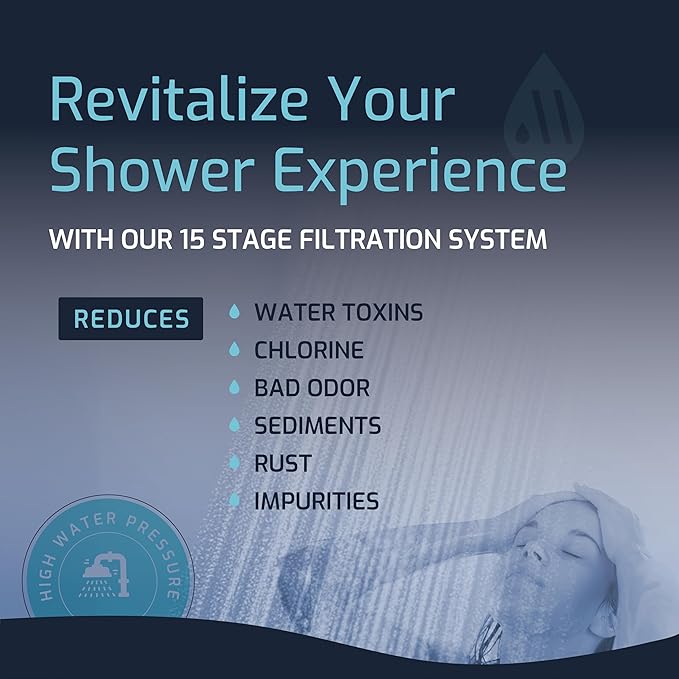 Mist Filtered Shower Head Attachment, High Output, 15 stage Shower Filter for Hard Water, Improves the Condition of Skin & Hair - Water Softener (1 Replacement Filter) Chrome