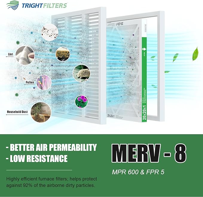 20x20x1 Air Filter 6 Pack, Durable MERV 8 Pleated Home HVAC AC Furnace Filters, Lightweight Compact Air Conditioner Filter Replacement