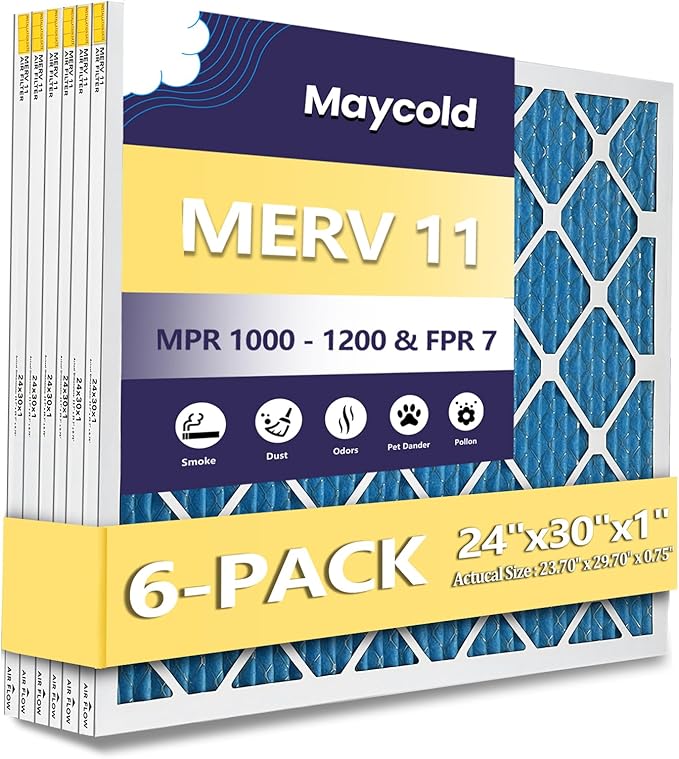 Maycold 24x30x1 MERV 11 Furnace Air Filter (6-Pack), High-Performance HVAC AC Filters for Home Use, Actual Size: 23.70” x 29.70” x 0.75”, Individually Wrapped in Plastic