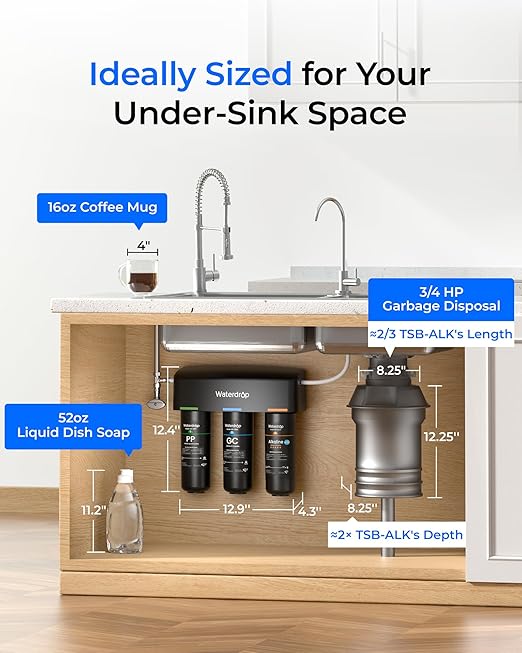 Waterdrop TSB-ALK 8 Layer Slightly Alkaline Under Sink Water Filter System, Reduces PFAS, PFOA/PFOS, Fluoride, Chlorine, Bad Taste & Odor, with Dedicated Faucet, Under Sink Water Filtration System