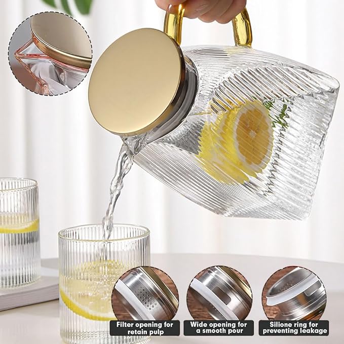 Glass Pitcher with Stainless Steel Gold Lid - 1.5L Ideal Fridge Door Water Pitcher for Hot or Cold Beverage, Iced Tea, Juice, Milk, Coffee, Lemonade