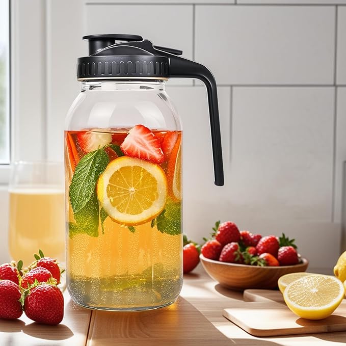 2 Pack 64oz Glass Mason Jar Pitcher with Airtight Lid and Handle – Wide Mouth, Leak-Proof, Ideal for Sun Tea, Cold Brew, Lemonade, Iced Coffee, Milk, and Water (Gray)