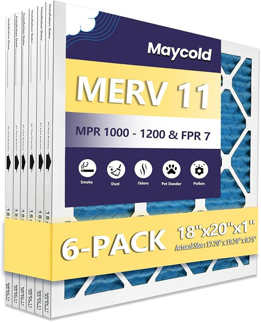 Maycold 18x20x1 MERV 11 Furnace Air Filter (6-Pack), High-Performance HVAC AC Filters for Home Use, Actual Size: 17.70” x 19.70” x 0.75”, Individually Wrapped in Plastic