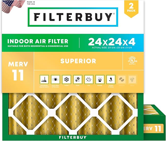 Filterbuy 24x24x4 Air Filter MERV 11 (MPR 1200) Allergen Defense Replacement (2-Pack), Electrostatic Pleated HVAC AC Furnace Filters, Made in USA (Actual Size: 23.38 x 23.38 x 3.63)