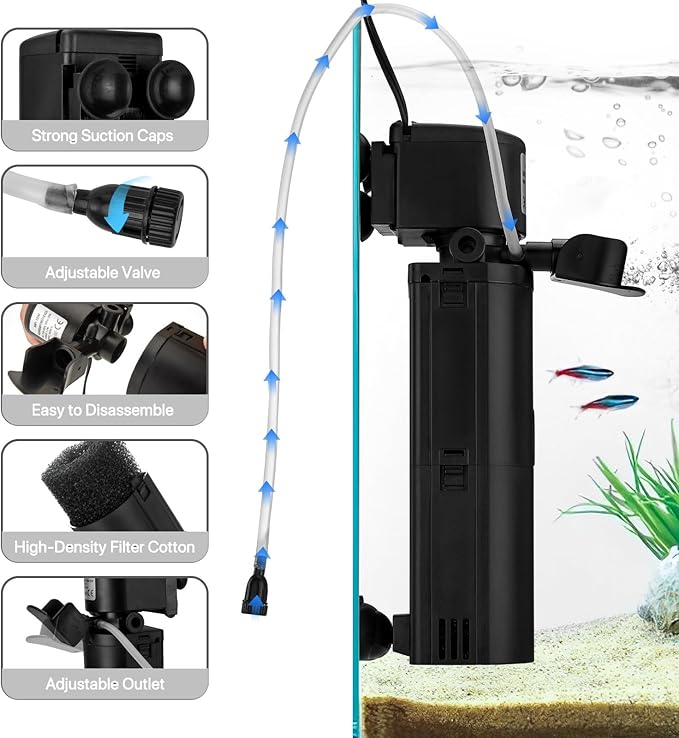 Internal Aquarium Filter for 10-75 Gallon Fish Tanks, Quiet 4-in-1 Turtle Tank Filter with Filtration, Oxygenation, Wave Making and Water Change