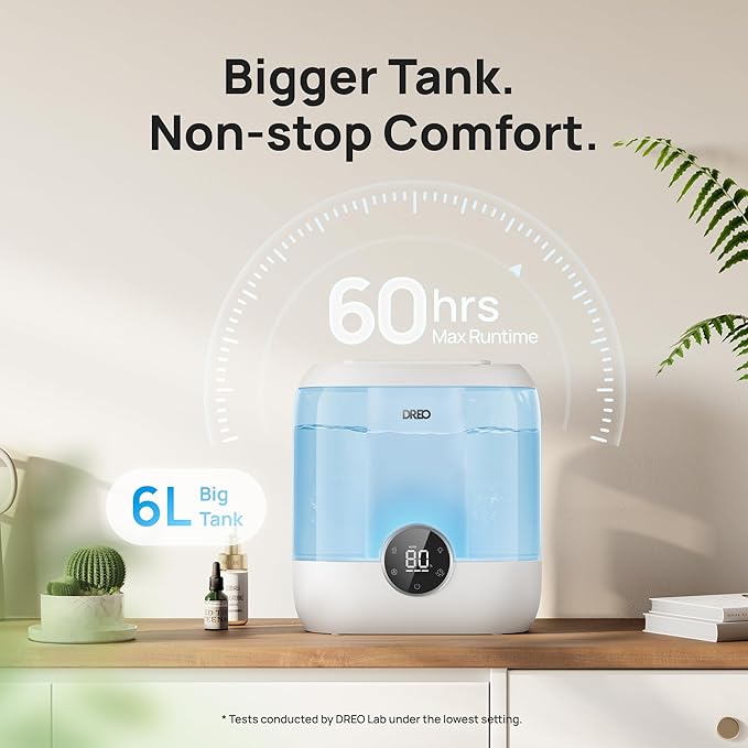 Dreo Humidifiers for Bedroom, 6L Top Fill Quiet Supersized Cool Mist Humidifier for Large Room, 60 Hour Runtime, Ultrasonic Humidifiers for Home, Baby, Plant, Indoor, Night Light, Blue
