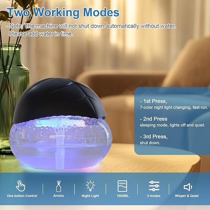 Water-Based Purifier Air Washer, Air Revitalizer & Freshener, Air Fresher with 7 LED Color Changing Light for Rooms (Black)