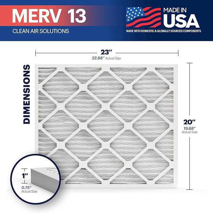 BNX TruFilter 20x23x1 Air Filter MERV 13 (12-Pack) - MADE IN USA - Electrostatic Pleated Air Conditioner HVAC AC Furnace Filters for Allergies, Pollen, Mold, Bacteria, Smoke, Allergen, MPR 1900 FPR 10