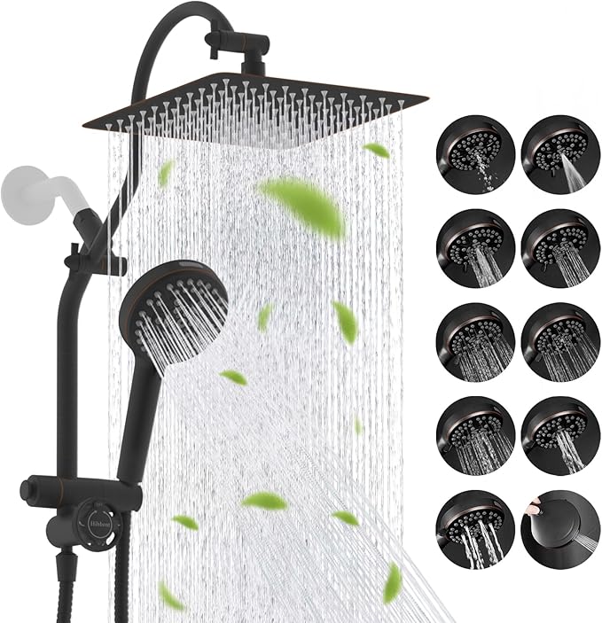 Hibbent Upgraded All Metal 10"Rainfall Showerhead Combo, High Pressure Shower Head with 10-Spray Mode Handheld, Innovative 4-way Diverter with Pause Mode, 71'' Hose and Holder, Oil Rubbed Bronze