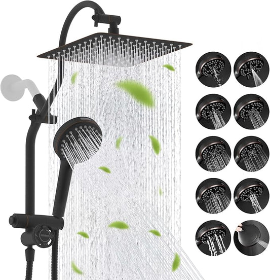 Hibbent Upgraded All Metal 10"Rainfall Showerhead Combo, High Pressure Shower Head with 10-Spray Mode Handheld, Innovative 4-way Diverter with Pause Mode, 71'' Hose and Holder, Oil Rubbed Bronze