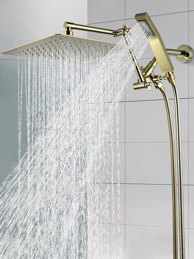 G-Promise All Metal 12 Inches Rainfall Shower Head with Handheld Spray Combo, 3 Settings Diverter, Adjustable Extension Arm with Lock Joints, 71 Inches Stainless Steel Hose (Polished Brass)