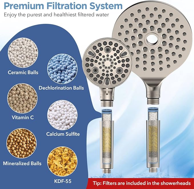 Dual Filtered Rain Shower Head Combo, High Pressure Handheld Shower Head with Adjustable Bar - Rainfall Shower Head And Showerhead with Filter for Hard Water - Removes Chlorine(Brushed Nickel)
