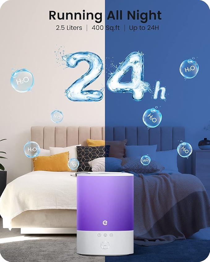 Esemoil Cool Mist Humidifiers for Bedroom Large Room, 2.5L Smart WiFi Baby Air Humidifier with Top-Fill & 28dB Quiet, 24H Ultrasonic Diffuser for Plants, 8 Color Light, Voice Control, Works with Alexa