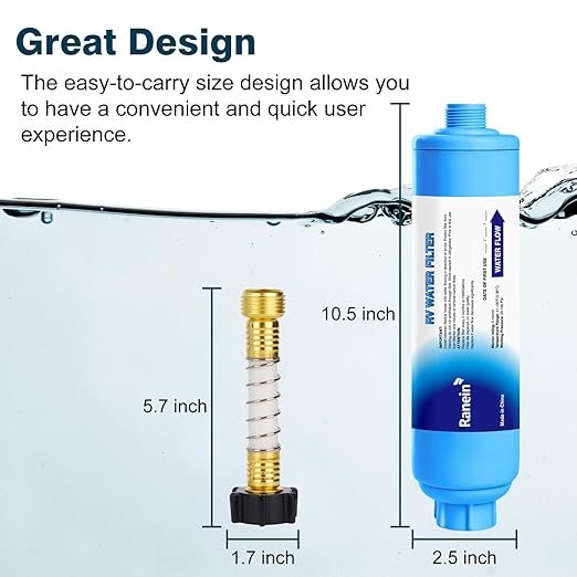 2 Pack RV Inline Water Filter with Hose Protector, NSF Certified, Reduces Chlorine, Odor, Bad Taste and Sediment in Drinking Water, Ideal for RV's Campers, Travel Trailers and Boats