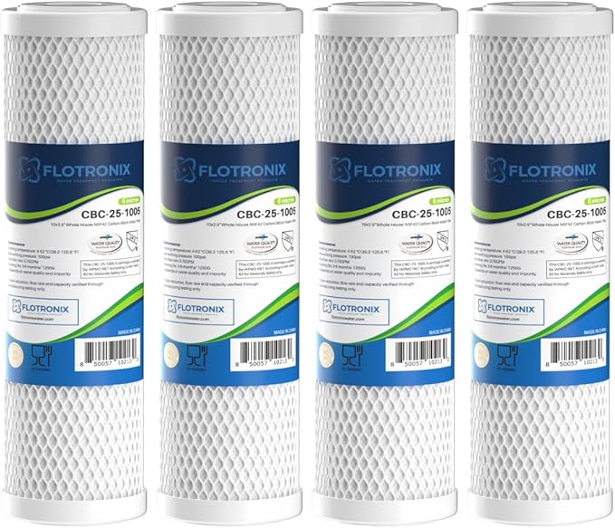 Flotronix 5 Micron 2.5" x 10" Whole House CTO Carbon Sediment Water Filter Cartridge, Compatible with DuPont WFPFC8002, WFPFC9001, SCWH-5, WHCF-WHWC, FXWTC, CBC-10, RO Systems, 4-Pack