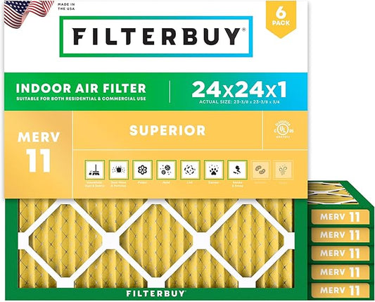 Filterbuy 24x24x1 Air Filter MERV 11 (MPR 1200) Allergen Defense Replacement (6-Pack), Electrostatic Pleated HVAC AC Furnace Filters, Made in USA (Actual Size: 23.38 x 23.38 x 0.75)