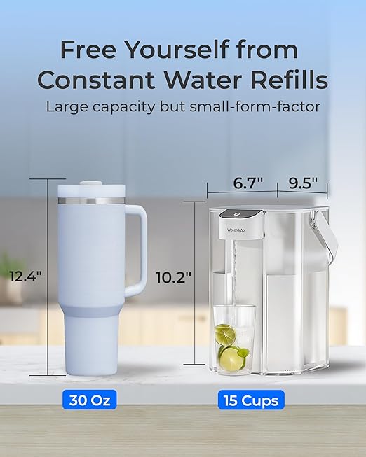 Waterdrop 98% Chloramine Reduction Electric Water Filter Pitcher, Rechargeable Water Dispenser, Instant 200-Gallon 15-Cup Countertop Purifier, NSF/ANSI 42, Reduce Lead, PFAS, White, with 1 Filter