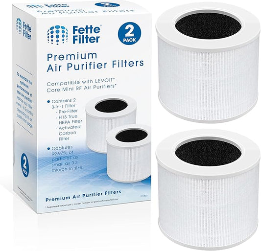 Fette Filter - Core Mini-RF True Hepa H13 Replacement Filter Compatiable with LEVOIT Core Mini Air Purifier 3 Stage Filtration True Hepa Activated Carbon and Pre-Filter. Part # Core Mini-RF 2-pack.