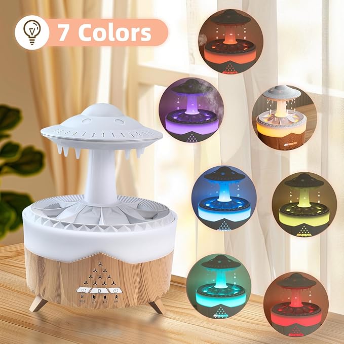 Cloud Raindrop Humidifier, 100-240V 7 Colors Lights Air Humidifier with Remote Control, Timing Essential Oil Mushroom Humidifier for Family/Bedroom/Office