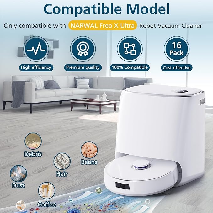 Accessories Replacement for Narwal Freo X Ultra Robot Vacuum, 16 Vacuum Accessories Set, 1 Main Brush, 2 Hepa Filter, 2 Dust Bags, 4 Mop Pads, 6 Side Brushes, 1 Cleaning Brush