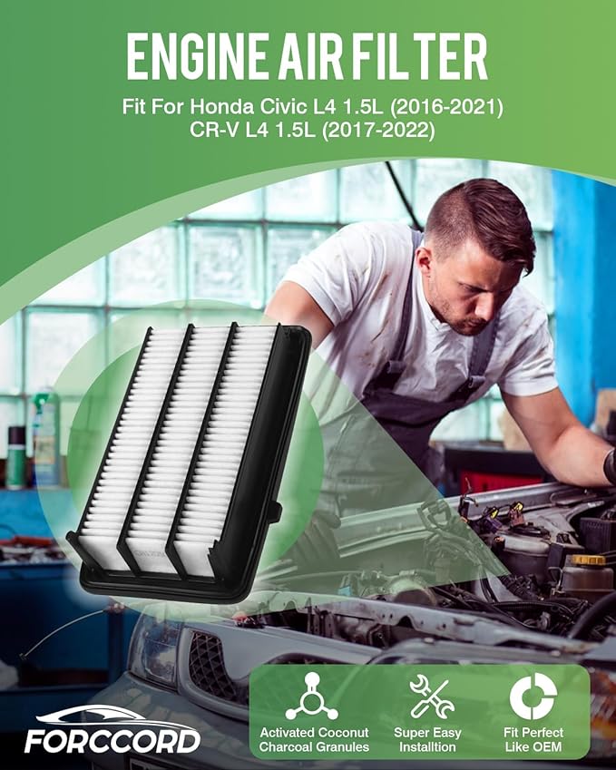 Cabin & Engine Air Filter Fit for Honda Civic L4 1.5L (2016-2021), CR-V CRV L4 1.5L (2017-2022) Activated Carbon Cabin Filter Replacement CF11182 CA12050 Car Accessories (Not for hybrid!)
