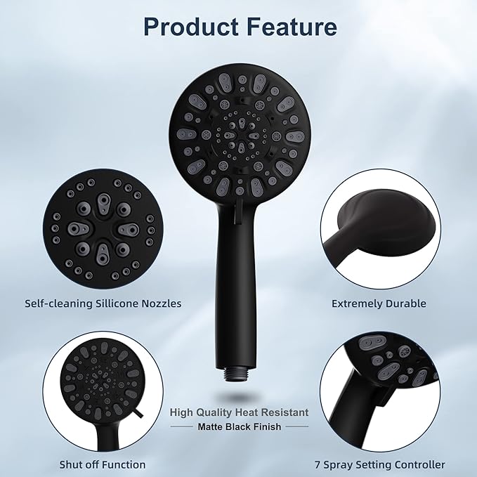 Hibbent 10 Inch High Pressure Rainfall Shower Head/Handheld Showerhead Combo with 12 Inch Adjustable Curved Shower Extension Arm,7-Spray,71-inch Hose Adhesive Showerhead Holder,Matte Black