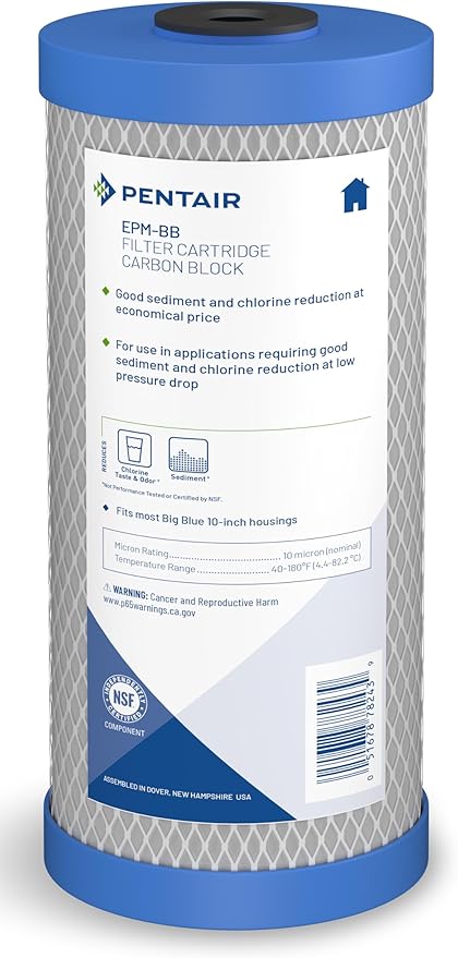 Pentair Pentek EPM-BB Big Blue Carbon Water Filter, 10-Inch, Whole House Modified Epsilon Carbon Block Replacement Cartridge with Bonded Powdered Activated Carbon (PAC) Filter, 10" x 4.5", 10 Micron