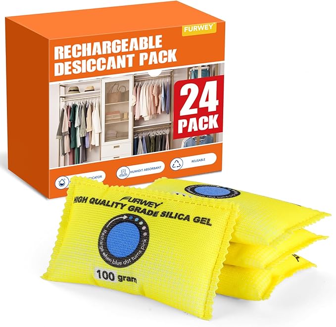 100g (24 Packs) Rechargeable Desiccant Packs for Storage, Color Indicating Silica Gel Desiccant Packets, Moisture absorbers for storage,Dehumidifier bag for Closets,Cars,Storage Bins