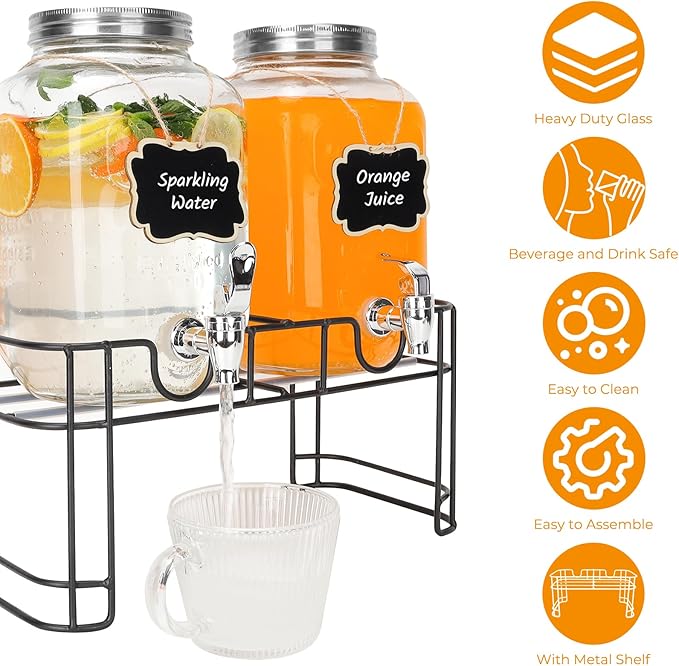 1 Gallon Glass Drink Dispensers, 2 Pack Clear Beverage Dispenser with Stand and Spigot for Parties, Drink Dispenser with Ice Core and Sticker for BBQ, Picnic, Lemonade Dispenser