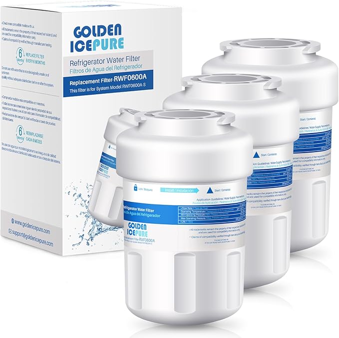 GOLDEN ICEPURE RWF0600A Refrigerator Water Filter Replacement for HDX FMG-1, MWFP, MWFA, PL-100, WFC1201, RWF0600A, PC75009, RWF1060, 197D6321P006, GSE25GSHECSS, Kenmore 469991 Refrigerator Cartridge