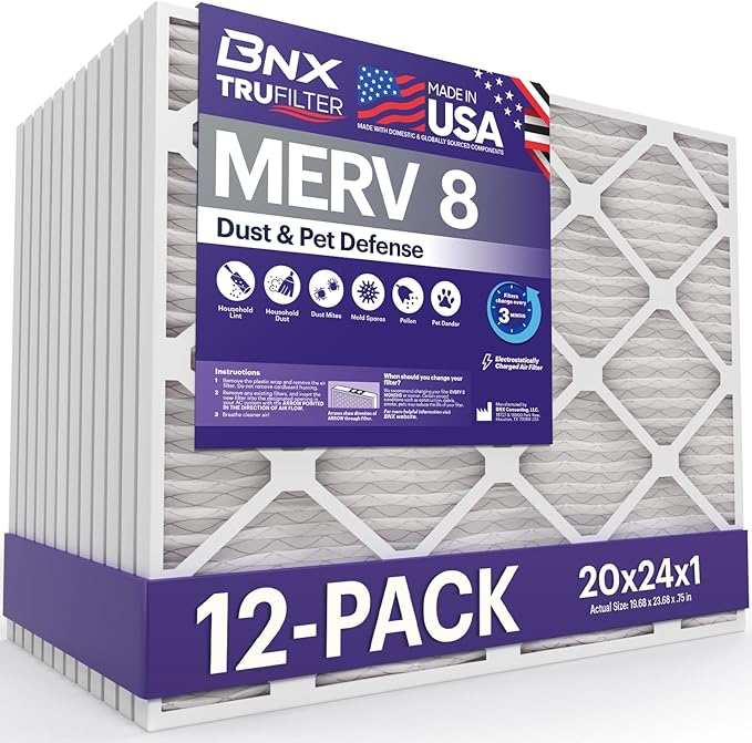 BNX TruFilter 20x24x1 Air Filter MERV 8 (12-Pack) - MADE IN USA – Dust & Pet Defense Electrostatic Pleated Air Conditioner HVAC AC Furnace Filters for Dust, Pet, Mold, Pollen MPR 600 – 700 & FPR 5