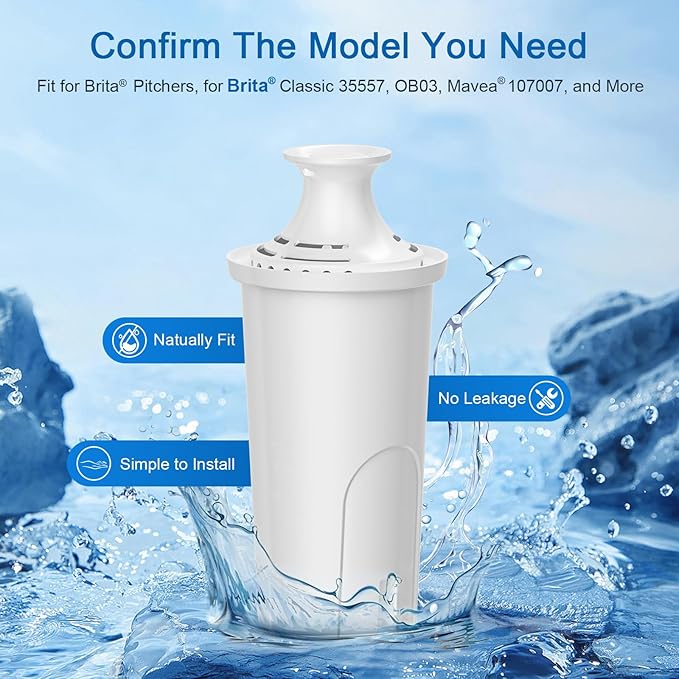 Water Filter Replacement for Brita Water Pitchers and Dispensers, Classic 35557, Ob03, Mavea 107007 and More, Reduce Chlorine and Bad Taste, Lasts Two Months or 40 Gallons, Includes 3 Filters