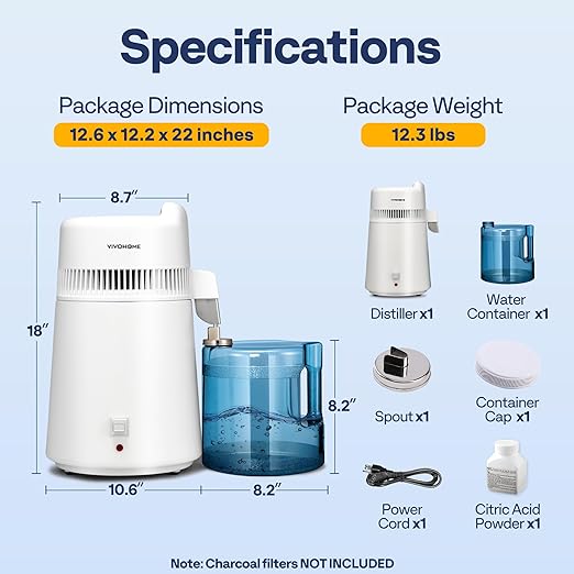 VIVOHOME Water Distiller Countertop 1.6 Gallon/6L 900W Distilled Water Machine with Smart Switch Purifier Filter for Home Office, White