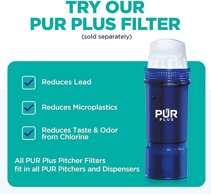 PUR 7-Cup Water Pitcher, 1 Genuine Filter, Cleaner, Great-tasting Water, Dishwasher Safe, Powerful, Faster Filtration, LockFit Cap Design - White